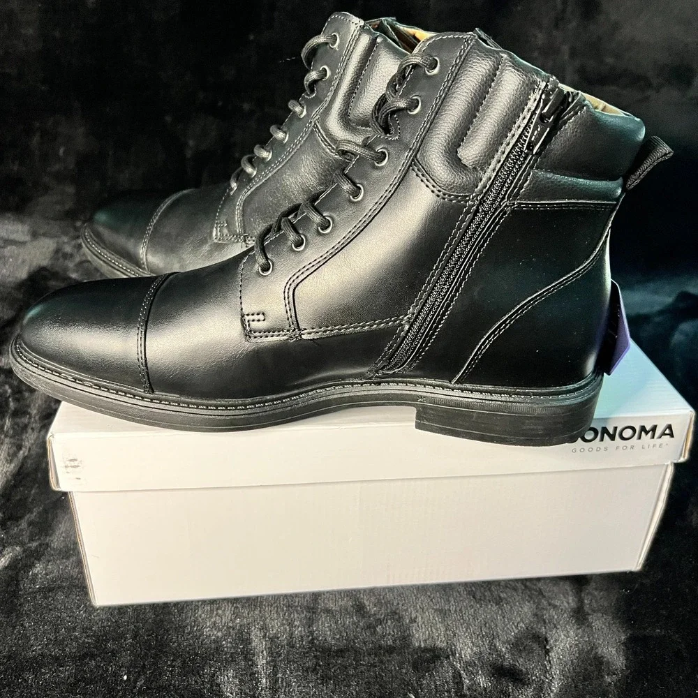 Sonoma Goods For Life Mateyo Mens 11.5 Black Leather Memory Foam Lace-Up Boots
